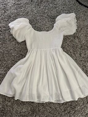 White Puff-Sleeve Smocked Mini Dress
